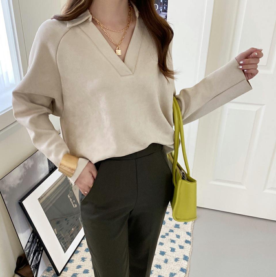 スエード調Vネックブラウス・全3色・b71428 レディース 【bl】トップス ブラウス 長袖 Vネック 単色 無地 シンプル 大人 カジュアル ポロ襟 秋 冬 韓国ファッション ハイホリHIHOLLI