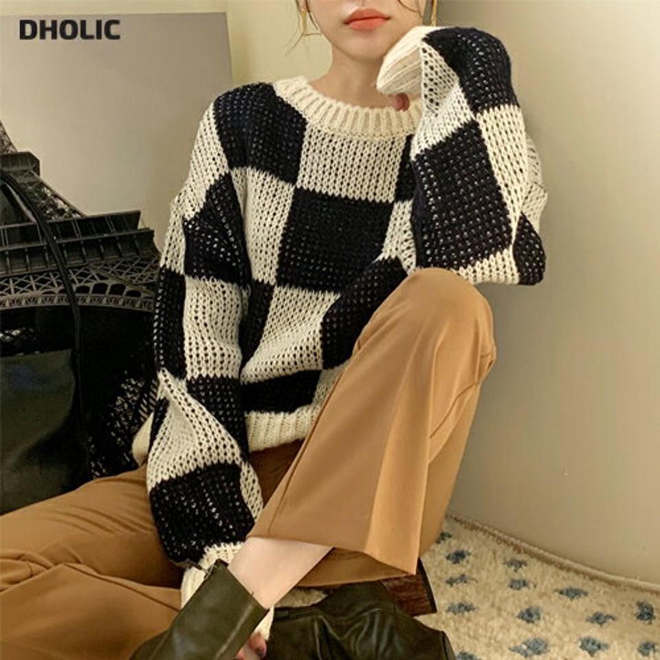 【只今10%OFF】ブロックチェックルーズニット・全2色・t71392 レディース 【tops】トップス ニット 長袖 柄 ブロックチェック ルーズ ゆったり ラフ カジュアル 大人 アクリルニット ドロップショルダー 秋 冬 韓国ファッション ハイホリHIHOLLI【ニットセール】