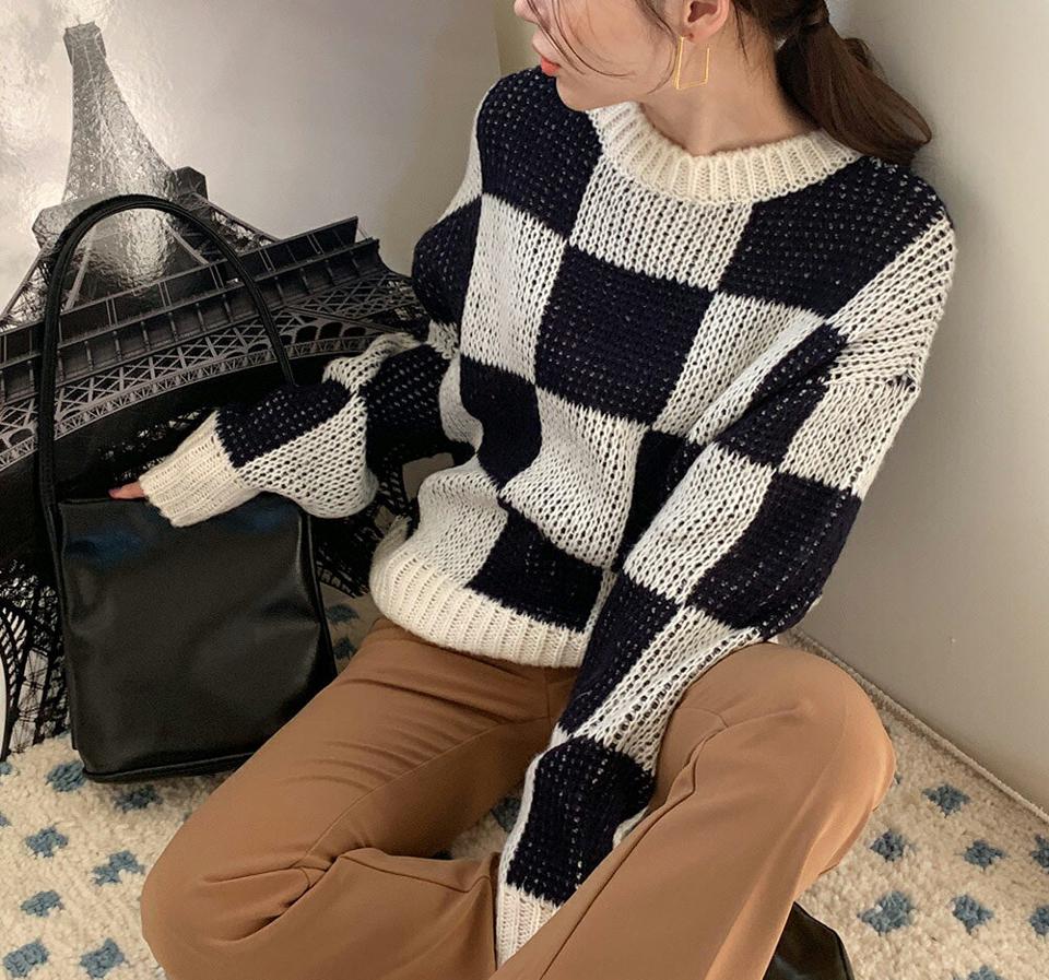 【只今10%OFF】ブロックチェックルーズニット・全2色・t71392 レディース 【tops】トップス ニット 長袖 柄 ブロックチェック ルーズ ゆったり ラフ カジュアル 大人 アクリルニット ドロップショルダー 秋 冬 韓国ファッション ハイホリHIHOLLI【ニットセール】