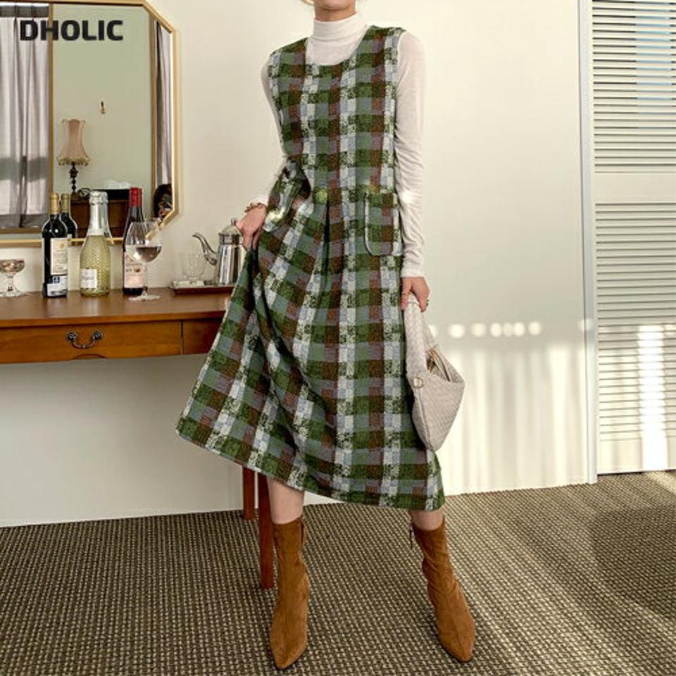 チェックノースリロングワンピース・全2色・t71438 レディース 【ops】ワンピース ロング丈 ロングワンピース スリーブレス ノースリーブ チェック柄 大人 かわいい 可愛い レイヤード 秋 冬 韓国ファッション ハイホリHIHOLLI