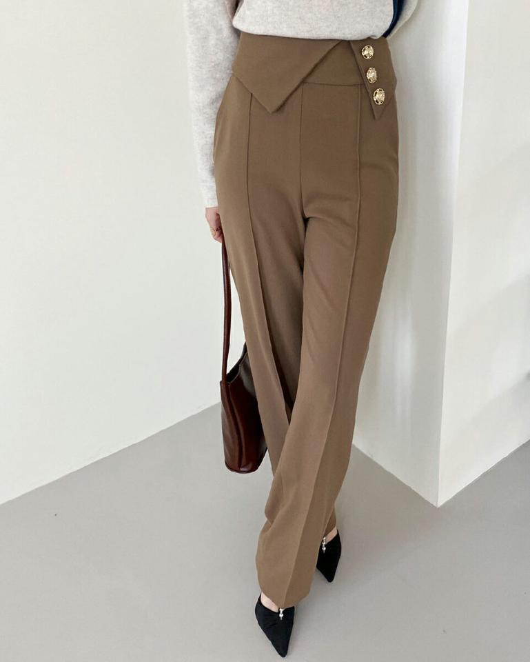 裏起毛ゴールドボタンワイドパンツ・全3色・b71407 レディース 【pt】パンツ ズボン ロングパンツ 長ズオン 裏起毛 ゴールドボタン ワイド 単色 大人 ハイウエスト センタ—プレス 秋 冬 韓国ファッション ハイホリHIHOLLI