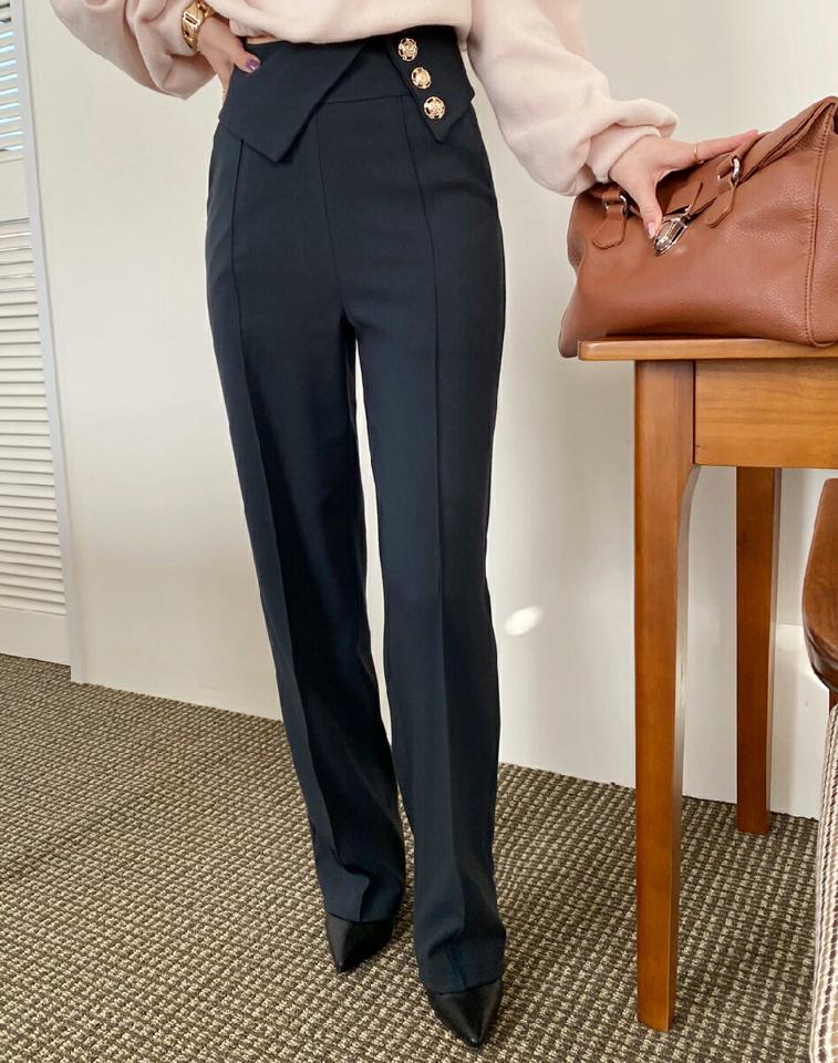 裏起毛ゴールドボタンワイドパンツ・全3色・b71407 レディース 【pt】パンツ ズボン ロングパンツ 長ズオン 裏起毛 ゴールドボタン ワイド 単色 大人 ハイウエスト センタ—プレス 秋 冬 韓国ファッション ハイホリHIHOLLI