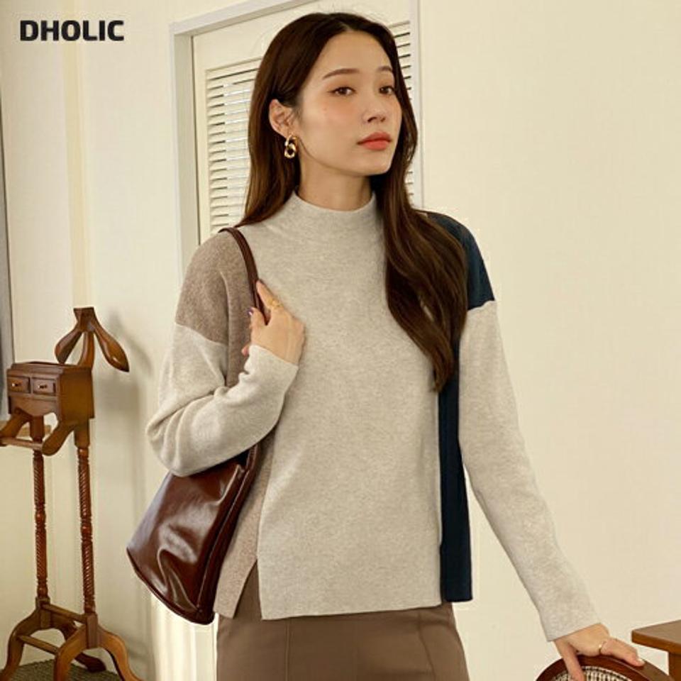 ハーフネック配色ニット・全3色・b71424 レディース 【tops】トップス ニット 長袖 配色 ハーフネック モダン 大人 秋 冬 韓国ファッション ハイホリHIHOLLI