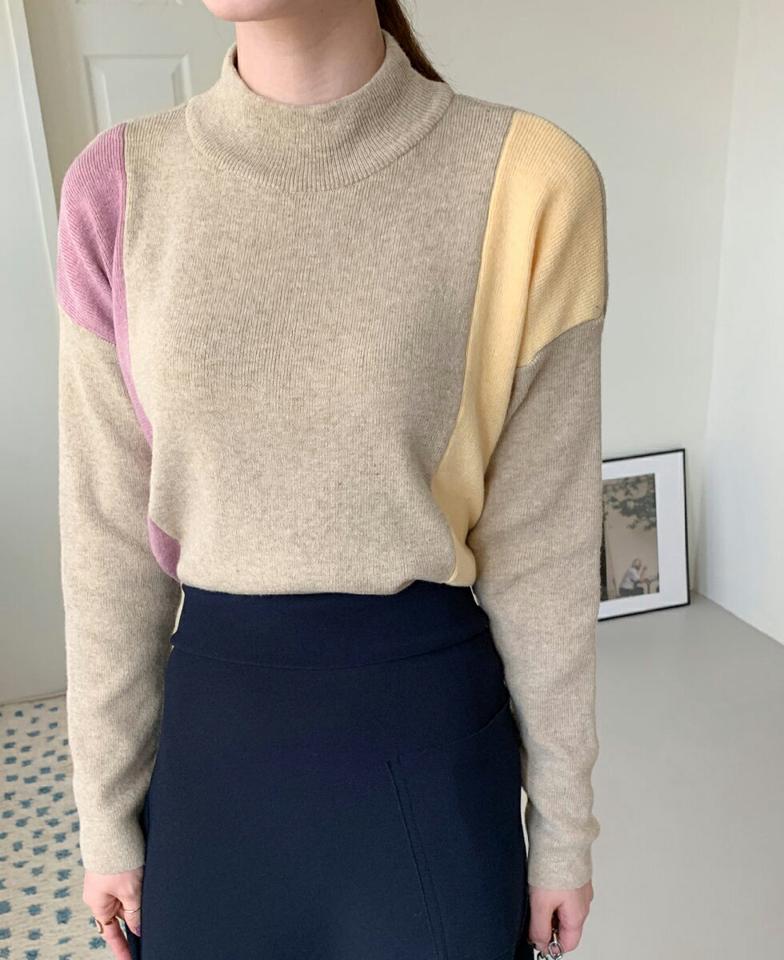 ハーフネック配色ニット・全3色・b71424 レディース 【tops】トップス ニット 長袖 配色 ハーフネック モダン 大人 秋 冬 韓国ファッション ハイホリHIHOLLI