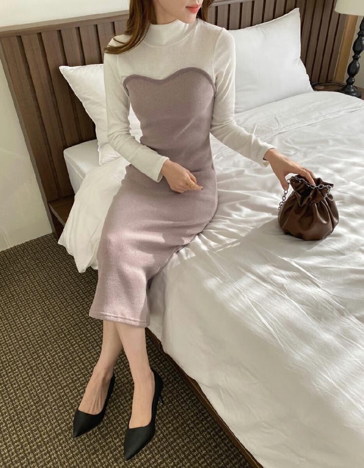 ハーフネック配色スリムワンピース・全2色・b71427 レディース 【ops】ワンピース ロング丈 ロングワンピース スリム 配色 ハーフネック 長袖 フェミニン Iライン バックスリット 大人 秋 冬 異素材ミックス 韓国ファッション ハイホリHIHOLLI