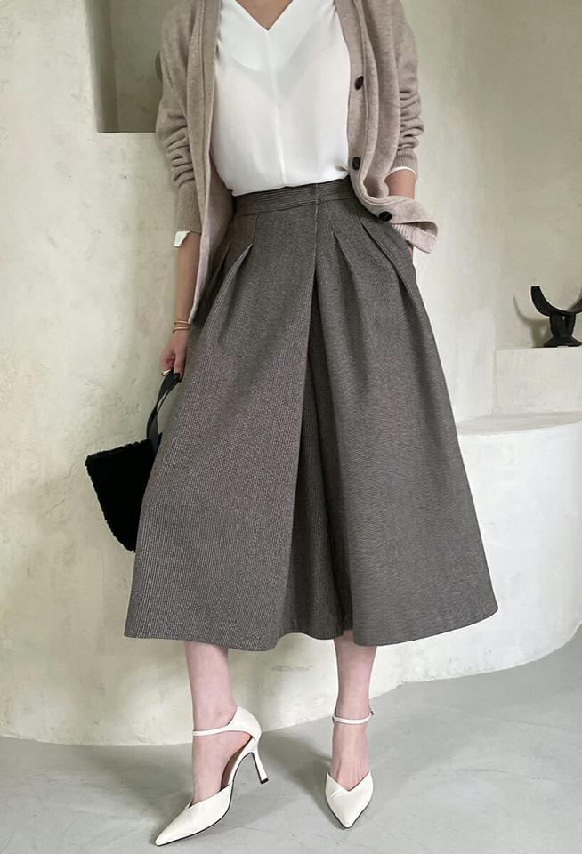 【10%OFF】2TYPE両起毛タックフレアパンツ・全4色・b00567 レディース 【pt】パンツ クロップド丈 フレアパンツ ワイドパンツ スカンツ タック 裏起毛 大人 単色 無地 シンプル チェック柄 体型カバー 冬 韓国ファッション ハイホリHIHOLLI【パンツセール】