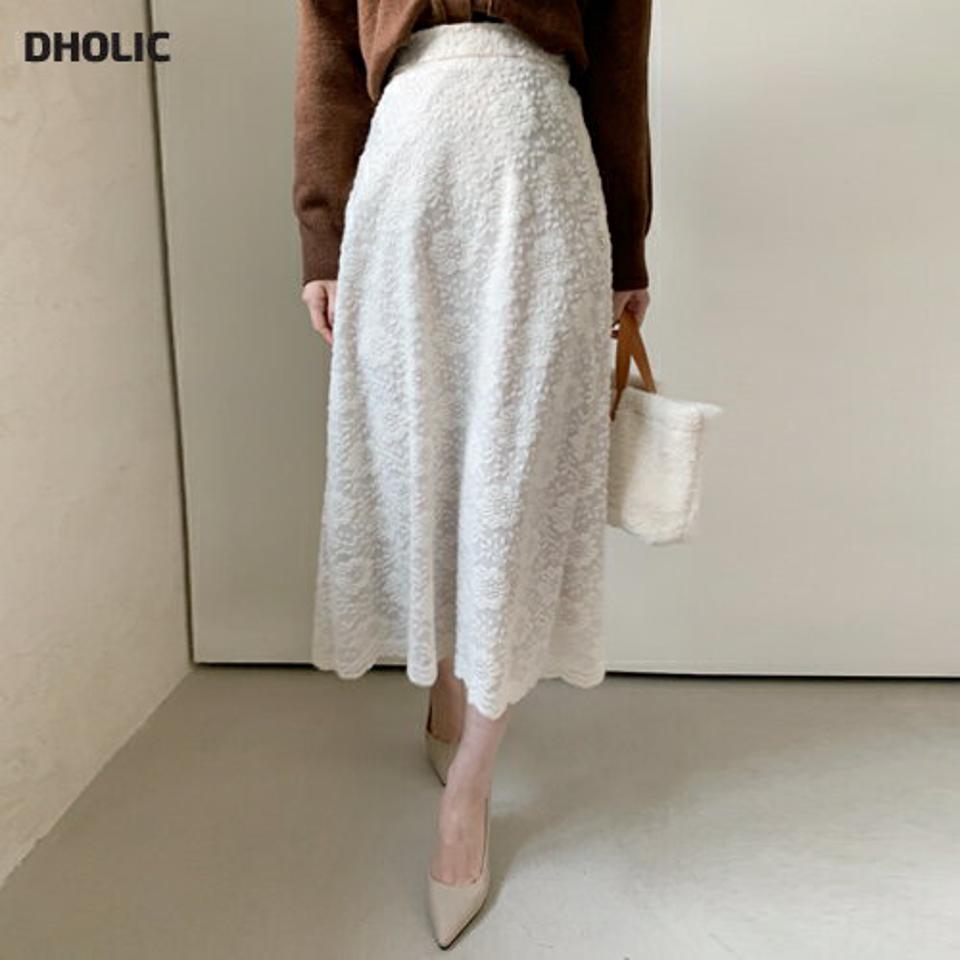 起毛レースフレアロングスカート・全2色・t00570 レディース 【sk】スカート ロング丈 ロングスカート レース 総レース フレアスカート 起毛 フェミニン 大人 上品 レディ 秋 冬 韓国ファッション ハイホリHIHOLLI