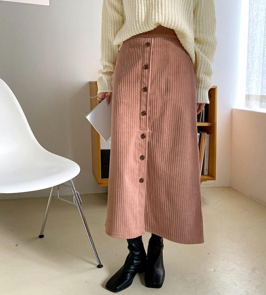 裏起毛コーデュロイボタンスカート・全3色・b63381 レディース 【sk】韓国ファッション ボトムス スカート ロング ロングスカート 裏起毛 コーデュロイ ボタン スリット Iライン ロング丈 シンプル 大人 カジュアル フェミニン 秋 冬