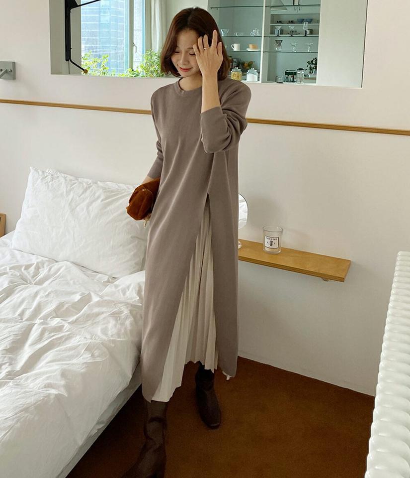 ≪人気商品再入荷≫ストラップ付スリットワンピース&プリーツスカートSET・全2色・b63413 レディース 【ops】韓国ファッション ワンピース スカート セット 長袖 ラウンドネック ロング丈 ストラップ付 スリット プリーツ 無地 シンプル 体型カバー 秋 冬