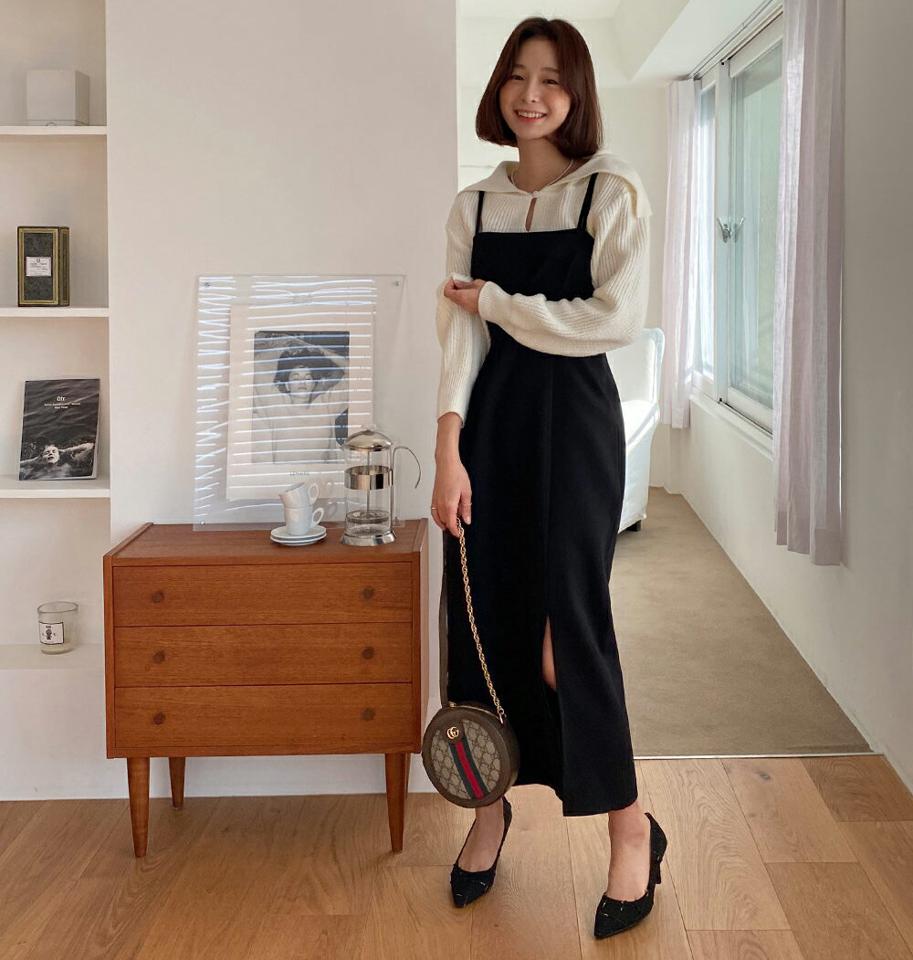 ≪人気商品再入荷≫スリットキャミワンピース・全2色・t63392 レディース 【ops】韓国ファッション ワンピース ロングワンピース ノースリーブ スリット キャミワンピース ロング丈 スリット 無地 シンプル 体型カバー ガーリー フェミニン 秋 冬