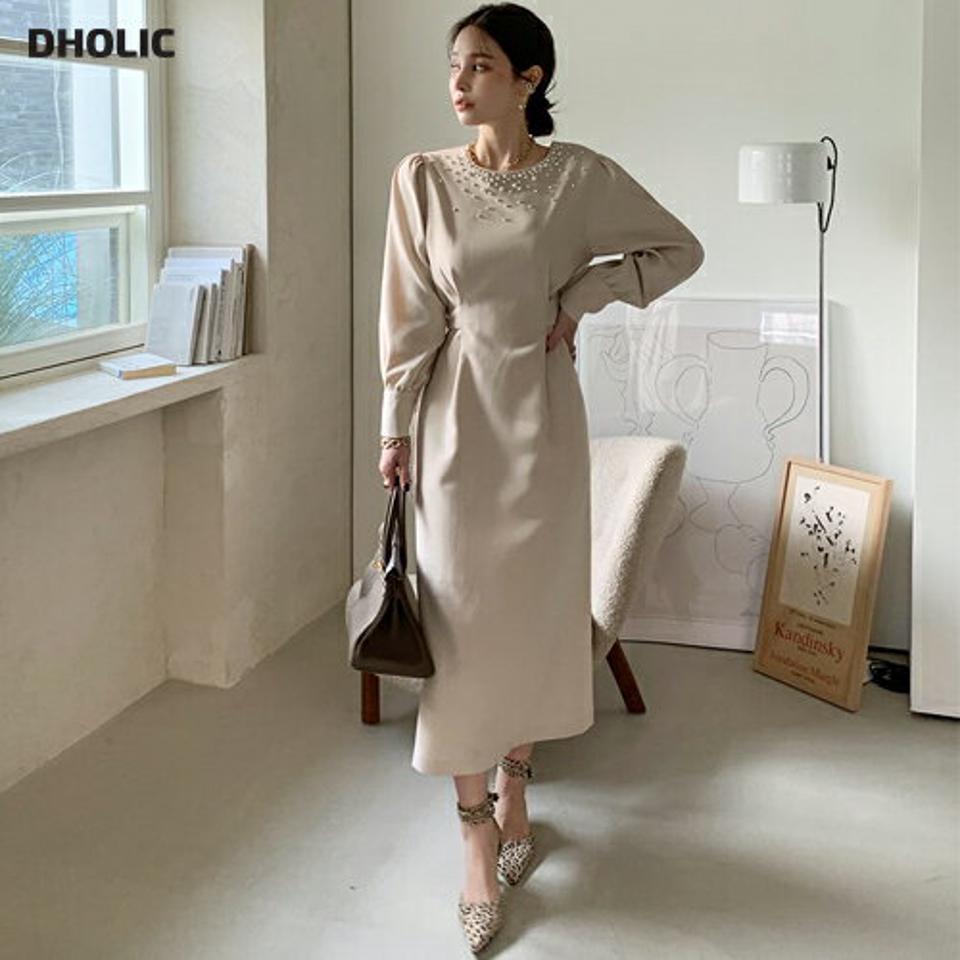 フェイクパールパフスリーブワンピース・全2色・t00545 レディース 【ops】ワンピース ロング丈 ロングワンピース 長袖 パフスリーブ パフ袖 パール フェミニン 上品 大人 きれいめ 結婚式 Iライン タック 秋 冬 韓国ファッション ハイホリHIHOLLI