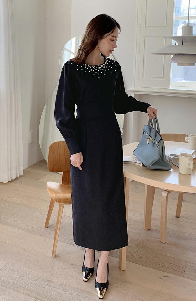 フェイクパールパフスリーブワンピース・全2色・t00545 レディース 【ops】ワンピース ロング丈 ロングワンピース 長袖 パフスリーブ パフ袖 パール フェミニン 上品 大人 きれいめ 結婚式 Iライン タック 秋 冬 韓国ファッション ハイホリHIHOLLI