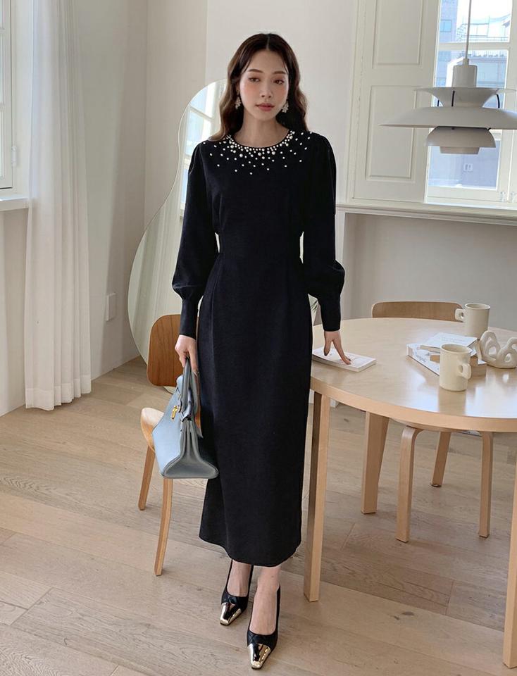 フェイクパールパフスリーブワンピース・全2色・t00545 レディース 【ops】ワンピース ロング丈 ロングワンピース 長袖 パフスリーブ パフ袖 パール フェミニン 上品 大人 きれいめ 結婚式 Iライン タック 秋 冬 韓国ファッション ハイホリHIHOLLI