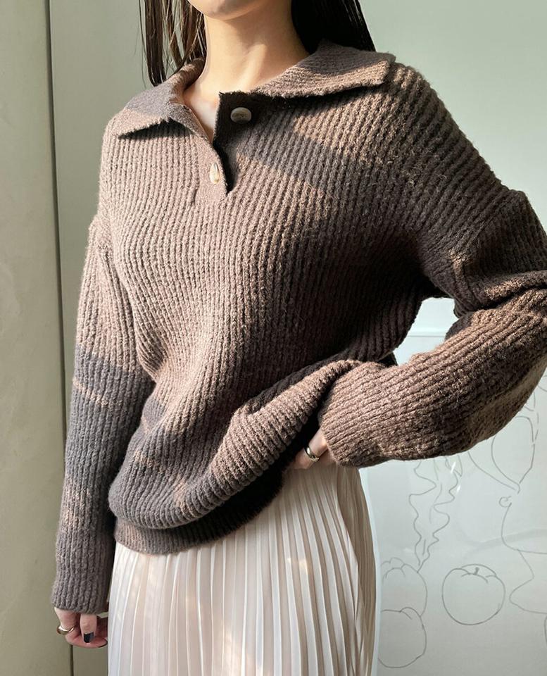 2ボタンカラーニット・全4色・t00543 レディース 【tops】トップス ニット 長袖 単色 無地 シンプル リブニット カジュアル ポロ襟 ラフ 大人 秋 冬 韓国ファッション ハイホリHIHOLLI 年上