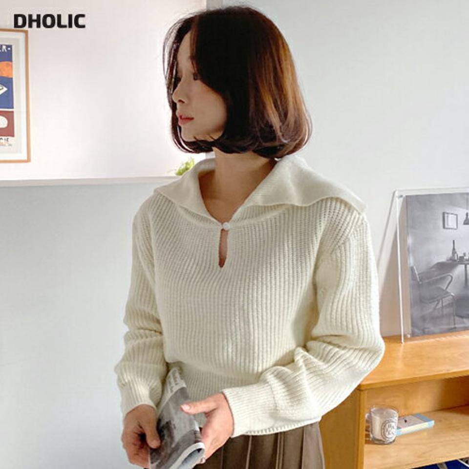 【只今10%OFF】セーラーカラーボタンニット・全3色・t63402 レディース 【tops】韓国ファッション トップス ニット 大人 長袖 カラーネック セーラーカラー スリット ボタン シンプル 異素材 体型カバー フェミニン カジュアル ガーリー 秋 冬【ニットセール】