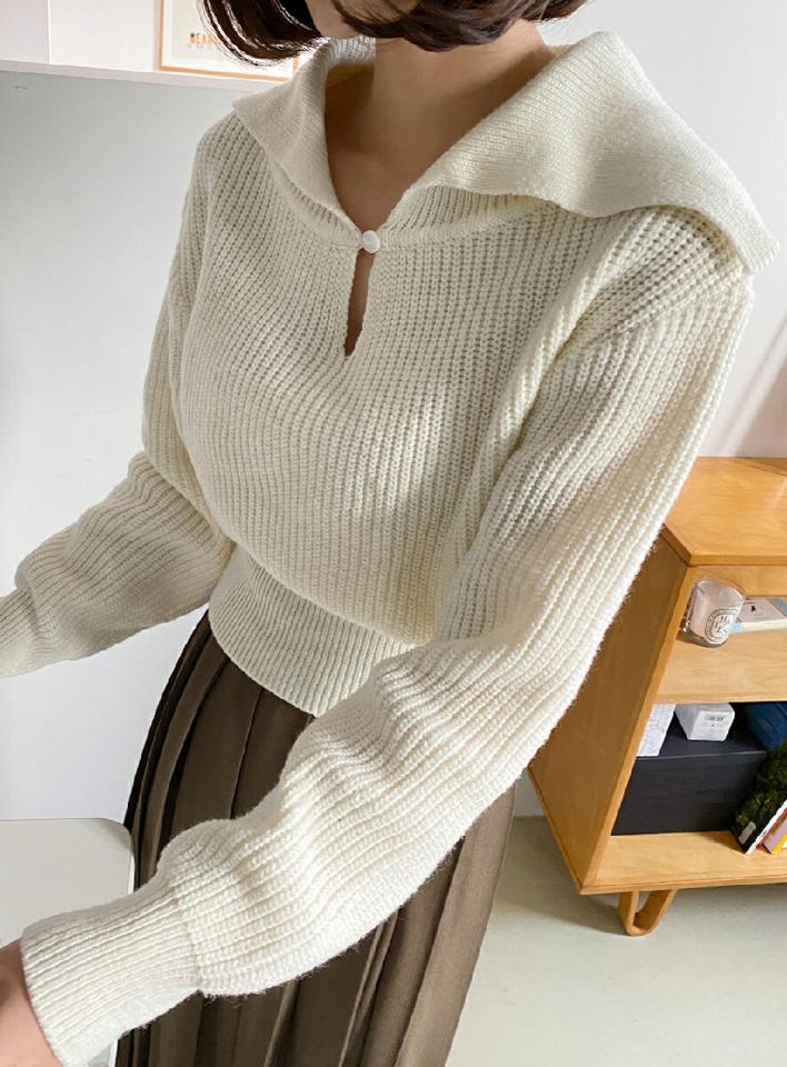 【只今10%OFF】セーラーカラーボタンニット・全3色・t63402 レディース 【tops】韓国ファッション トップス ニット 大人 長袖 カラーネック セーラーカラー スリット ボタン シンプル 異素材 体型カバー フェミニン カジュアル ガーリー 秋 冬【ニットセール】
