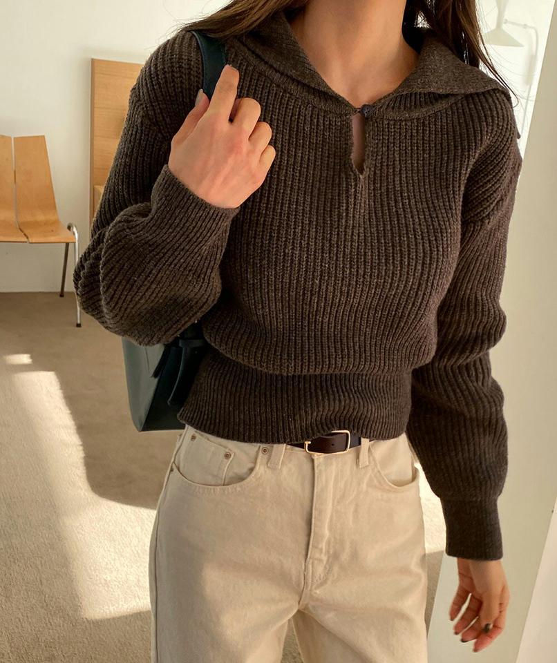【只今10%OFF】セーラーカラーボタンニット・全3色・t63402 レディース 【tops】韓国ファッション トップス ニット 大人 長袖 カラーネック セーラーカラー スリット ボタン シンプル 異素材 体型カバー フェミニン カジュアル ガーリー 秋 冬【ニットセール】