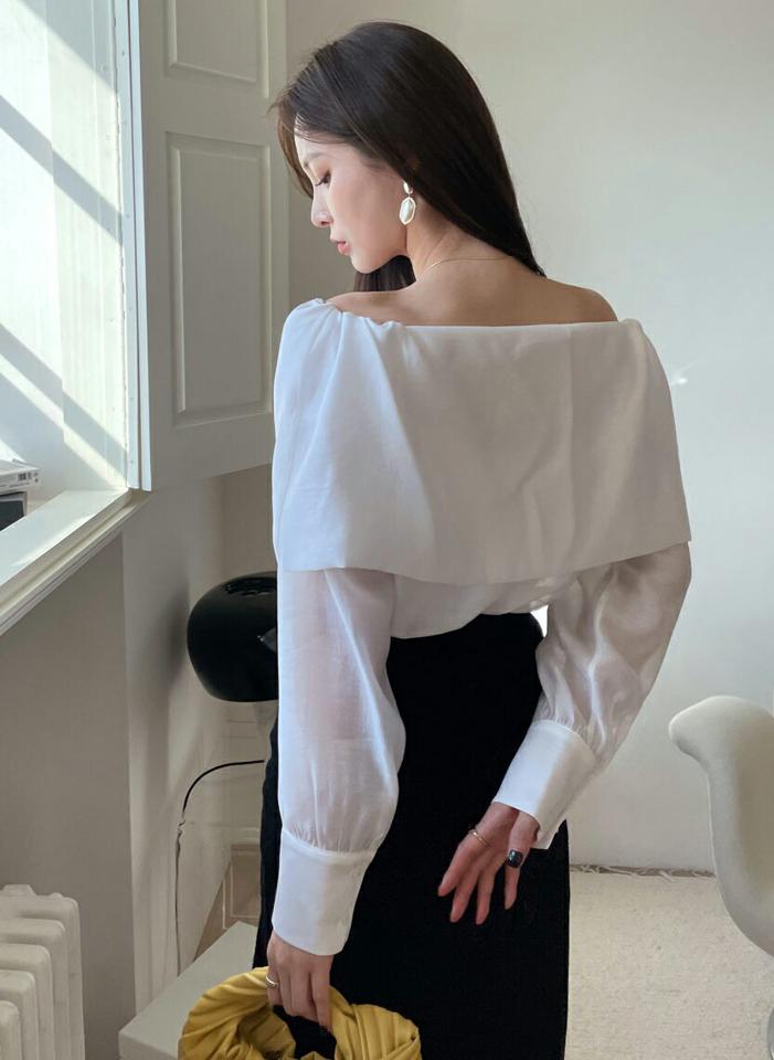 2WAYシースルーブラウス・全3色・b00537 レディース 【bl】トップス ブラウス 長袖 シースルー シアー フェミニン 肩だし オフショルダー 大人 単色 無地 パステル デコルテ ピンク 鎖骨 シンプル ケープ風 秋 冬 春 韓国ファッション ハイホリHIHOLLI