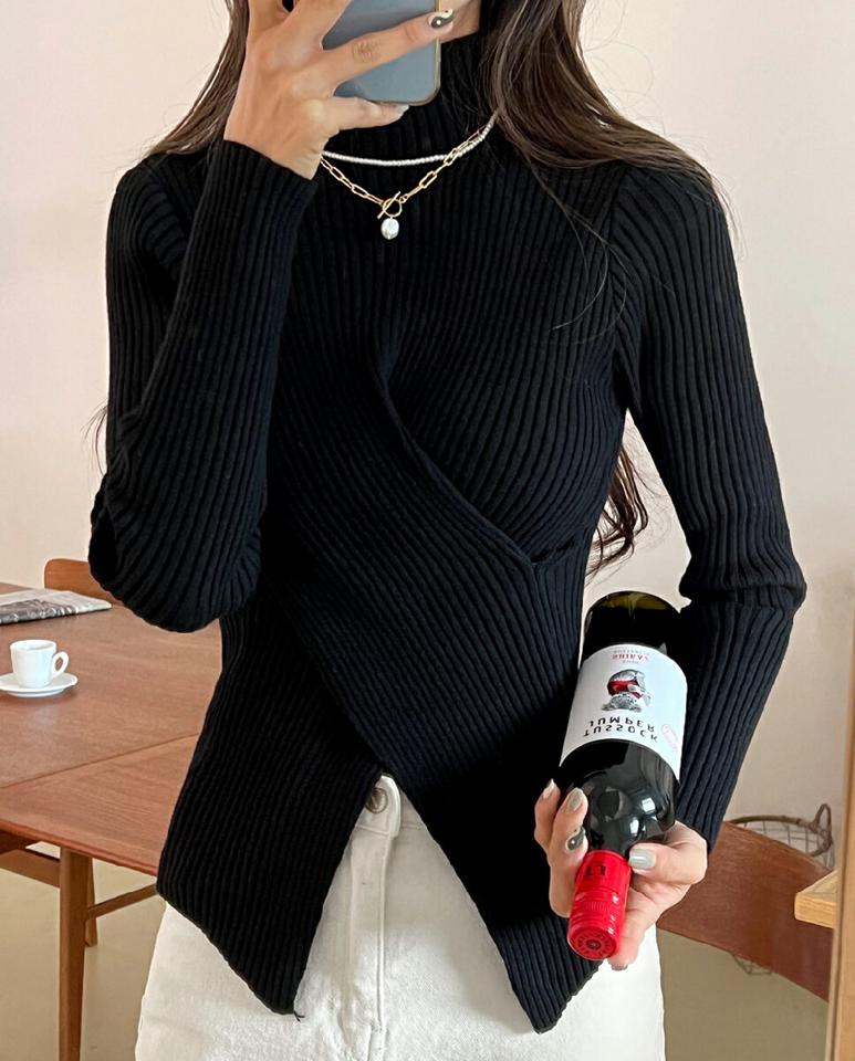 クロスリブハーフネックニット・全3色・t63403 レディース 【tops】韓国ファッション トップス ニット 大人 長袖 ハーフネック セーラーカラー クロス リブ アンバランス スリット 無地 シンプル 異素材 体型カバー フェミニン 秋 冬