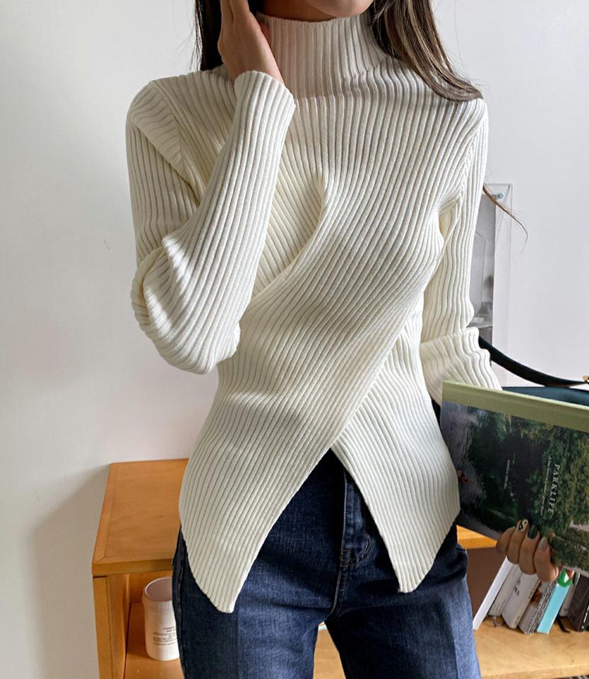 クロスリブハーフネックニット・全3色・t63403 レディース 【tops】韓国ファッション トップス ニット 大人 長袖 ハーフネック セーラーカラー クロス リブ アンバランス スリット 無地 シンプル 異素材 体型カバー フェミニン 秋 冬