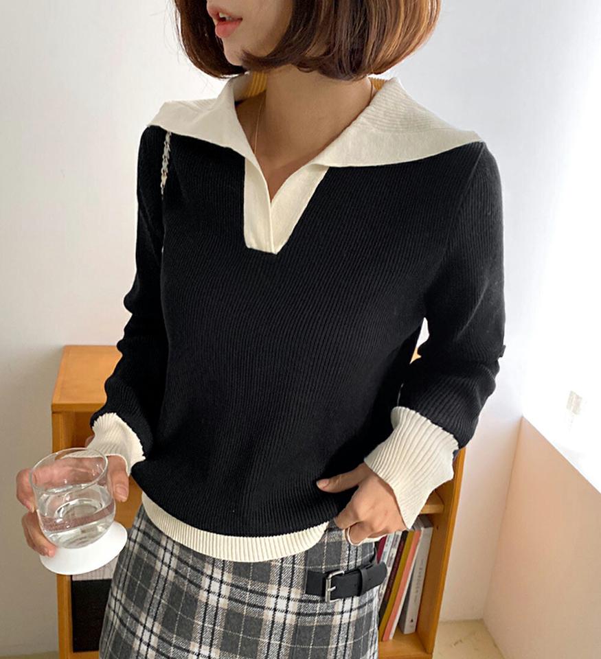 配色カラーリブニット・全3色・t63404 レディース 【tops】韓国ファッション トップス ニット 大人 長袖 カラーネック 配色カラー スリット リブ メリハリ シンプル 異素材 体型カバー フェミニン カジュアル 秋 冬