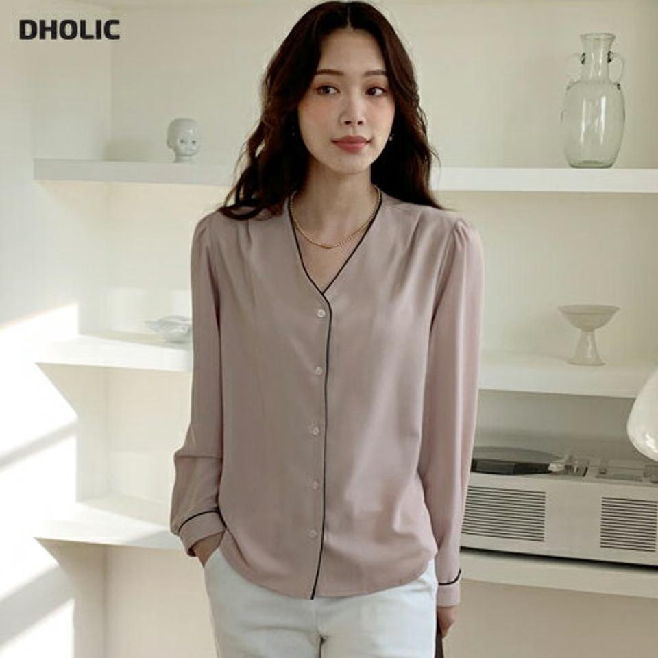 Vネック配色パイピングブラウス・全3色・00563 レディース 【bl】トップス ブラウス 長袖 パイピング 配色 Vネック シンプル オフィスカジュアル 大人 きれいめ パフスリーブ パフ袖 通勤 OL 秋 冬 春 韓国ファッション ハイホリHIHOLLI