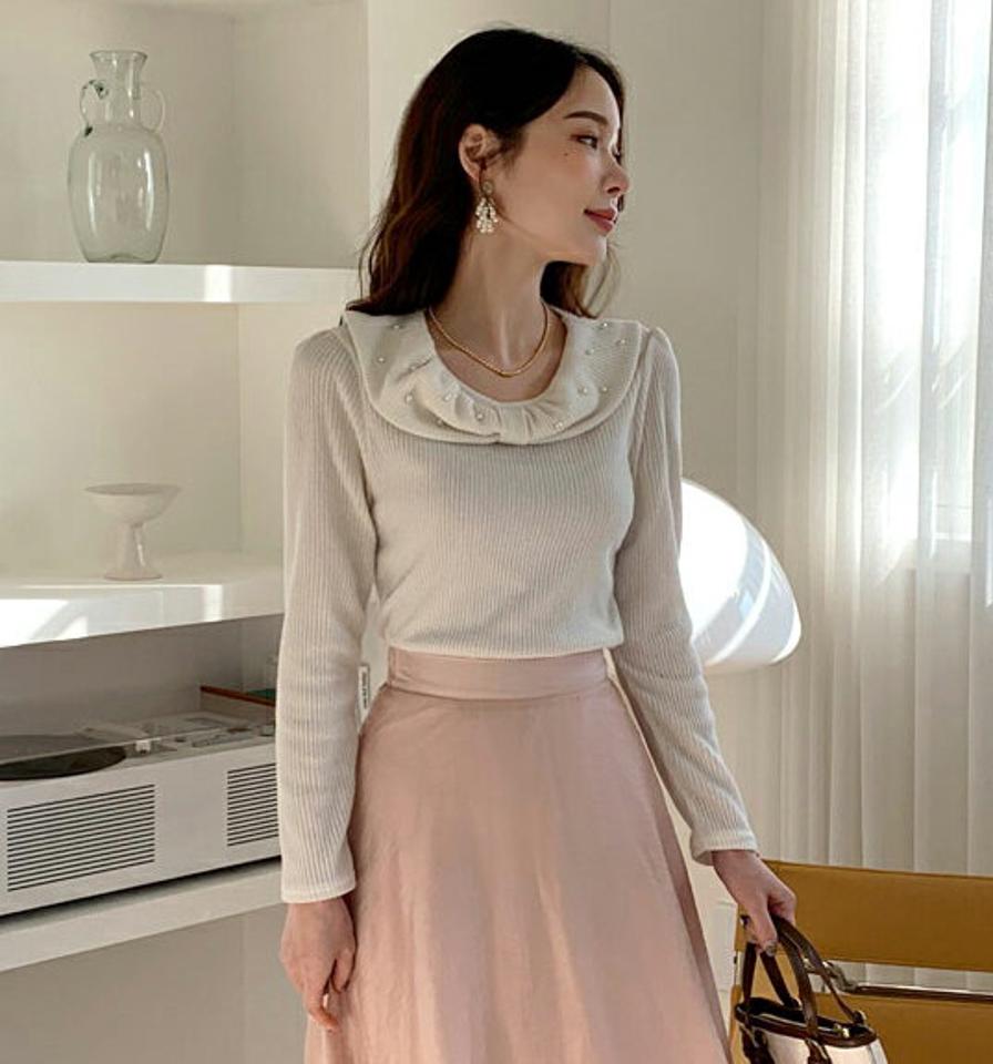 フェイクパールリボンネックTシャツ・全3色・t00530 レディース 【tops】トップス Tシャツ 長袖 りぼん パール フェミニン 大人 かわいい かわいい 単色 ガーリー 秋 冬 韓国ファッション ハイホリHIHOLLI