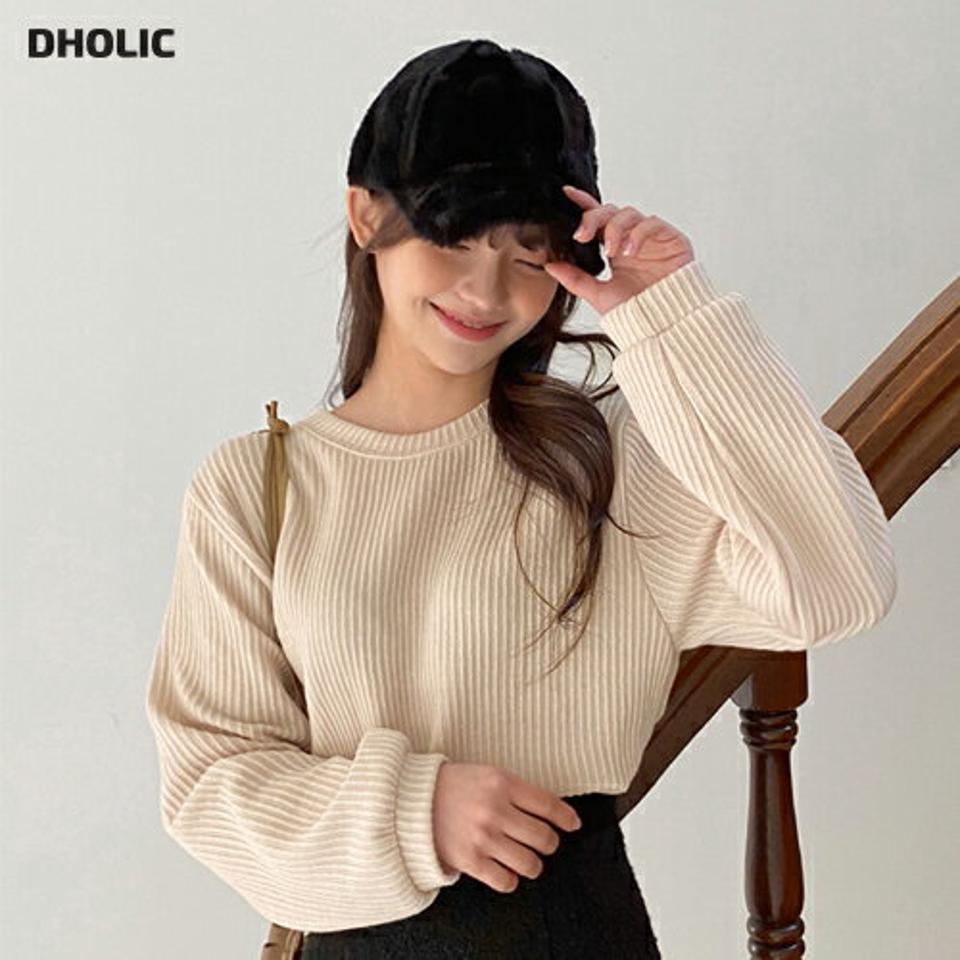 ラウンドルーズリブTシャツ・全4色・t01810 レディース 【tops】韓国ファッション トップス Tシャツ 長袖 ラウンドネック ルーズ リブ 単色 シンプル フェミニン 体型カバー カジュアル デイリー 秋 冬 NIJU