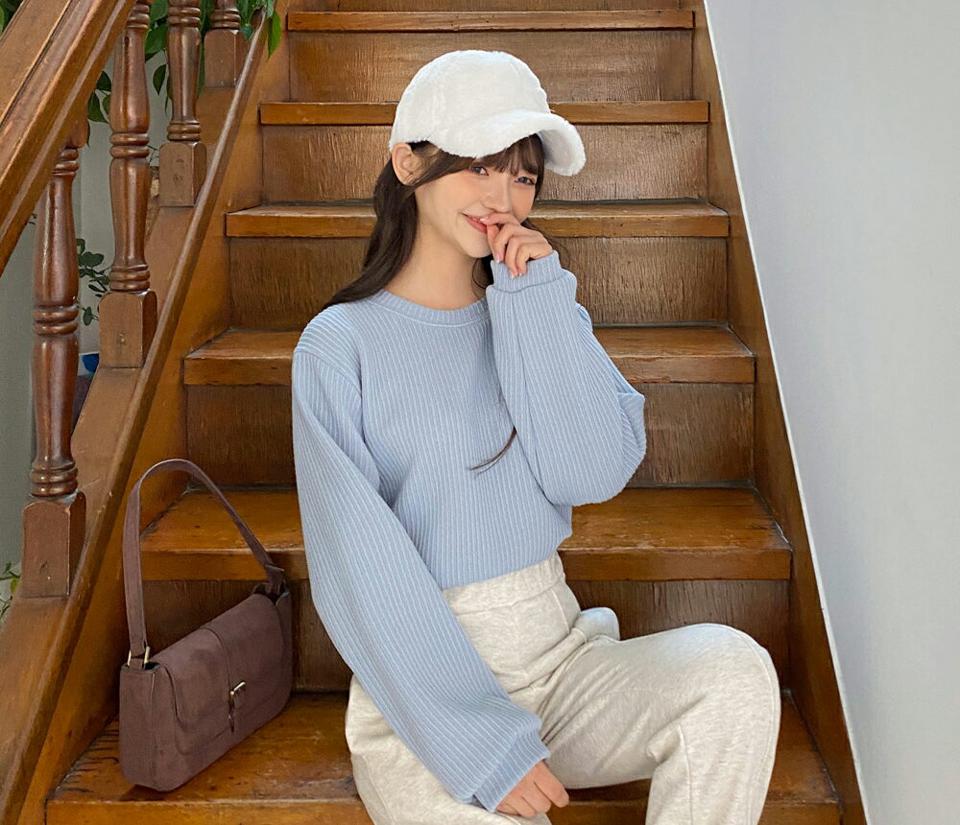 ラウンドルーズリブTシャツ・全4色・t01810 レディース 【tops】韓国ファッション トップス Tシャツ 長袖 ラウンドネック ルーズ リブ 単色 シンプル フェミニン 体型カバー カジュアル デイリー 秋 冬 NIJU