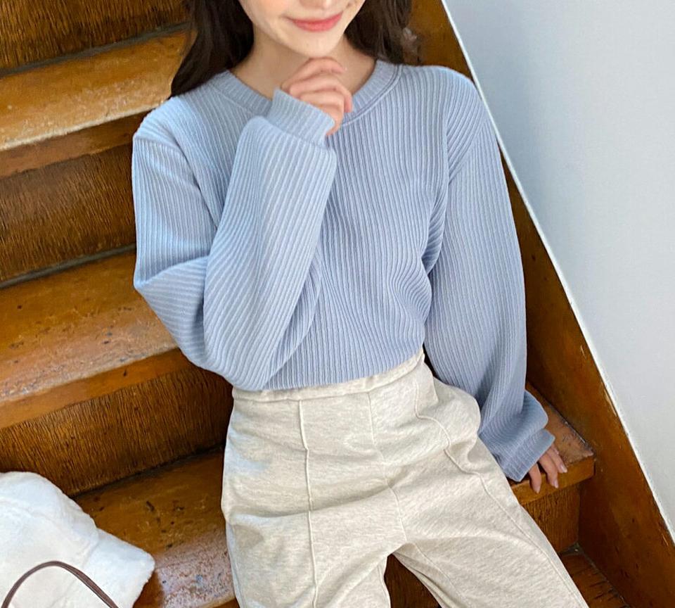 ラウンドルーズリブTシャツ・全4色・t01810 レディース 【tops】韓国ファッション トップス Tシャツ 長袖 ラウンドネック ルーズ リブ 単色 シンプル フェミニン 体型カバー カジュアル デイリー 秋 冬 NIJU