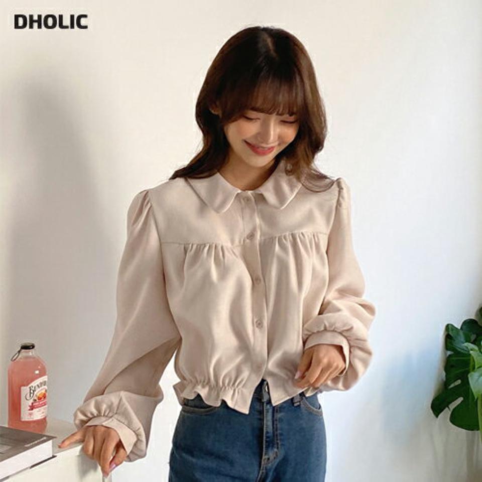 フリルボタンカラーブラウス・全4色・t01812 レディース 【bl】韓国ファッション トップス ブラウス 長袖 カラーネック フリル パフスリーブ ギャザー ボタン 大人 シンプル フェミニン ルーズ 上品 体型カバー 細身 ガーリー カジュアル 秋 冬 NIJU