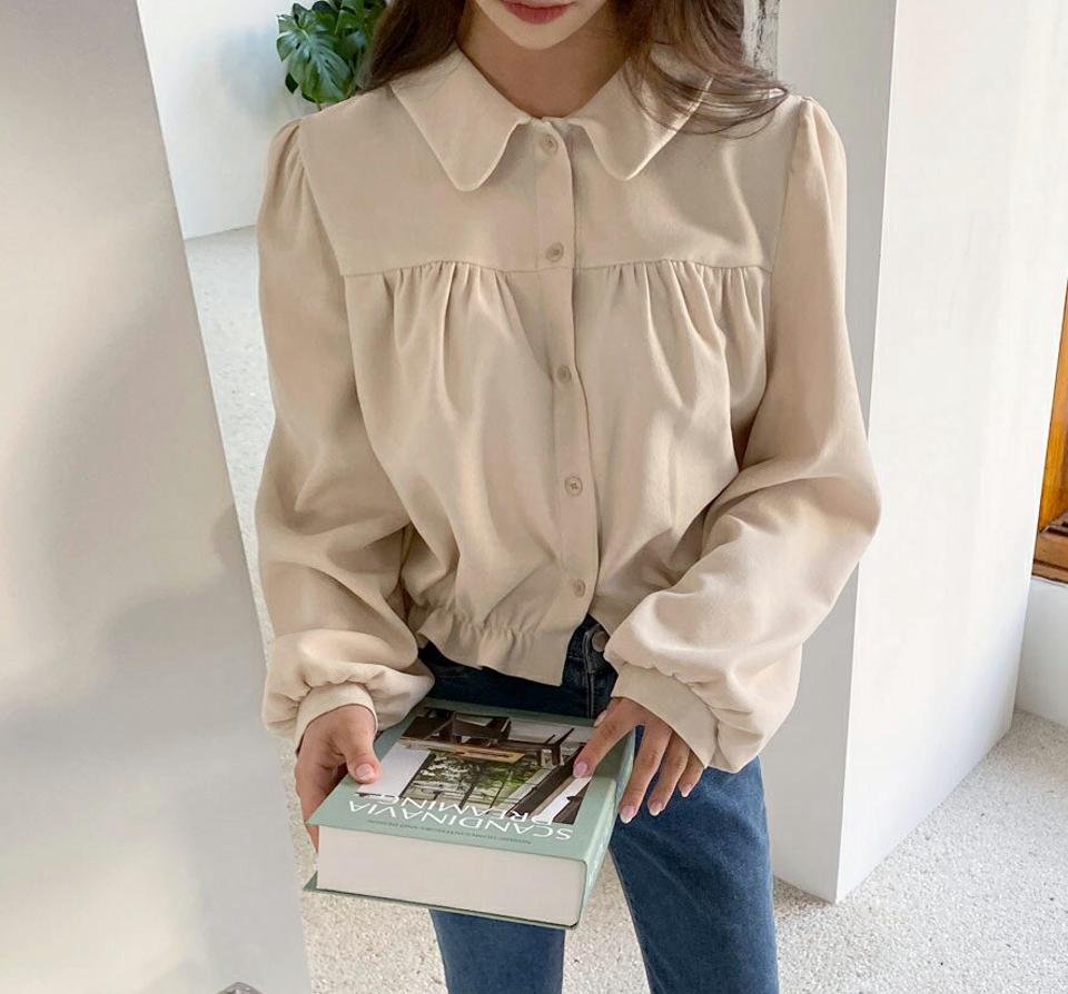 フリルボタンカラーブラウス・全4色・t01812 レディース 【bl】韓国ファッション トップス ブラウス 長袖 カラーネック フリル パフスリーブ ギャザー ボタン 大人 シンプル フェミニン ルーズ 上品 体型カバー 細身 ガーリー カジュアル 秋 冬 NIJU