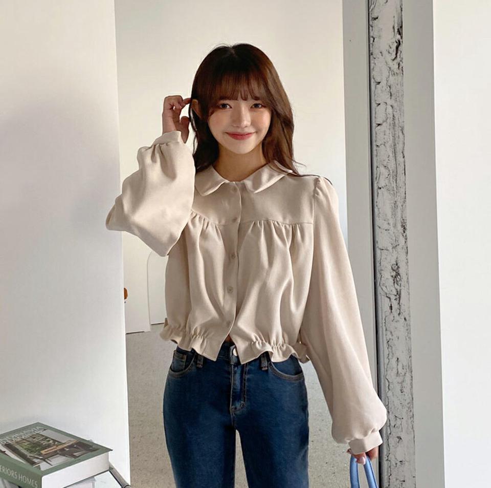 フリルボタンカラーブラウス・全4色・t01812 レディース 【bl】韓国ファッション トップス ブラウス 長袖 カラーネック フリル パフスリーブ ギャザー ボタン 大人 シンプル フェミニン ルーズ 上品 体型カバー 細身 ガーリー カジュアル 秋 冬 NIJU
