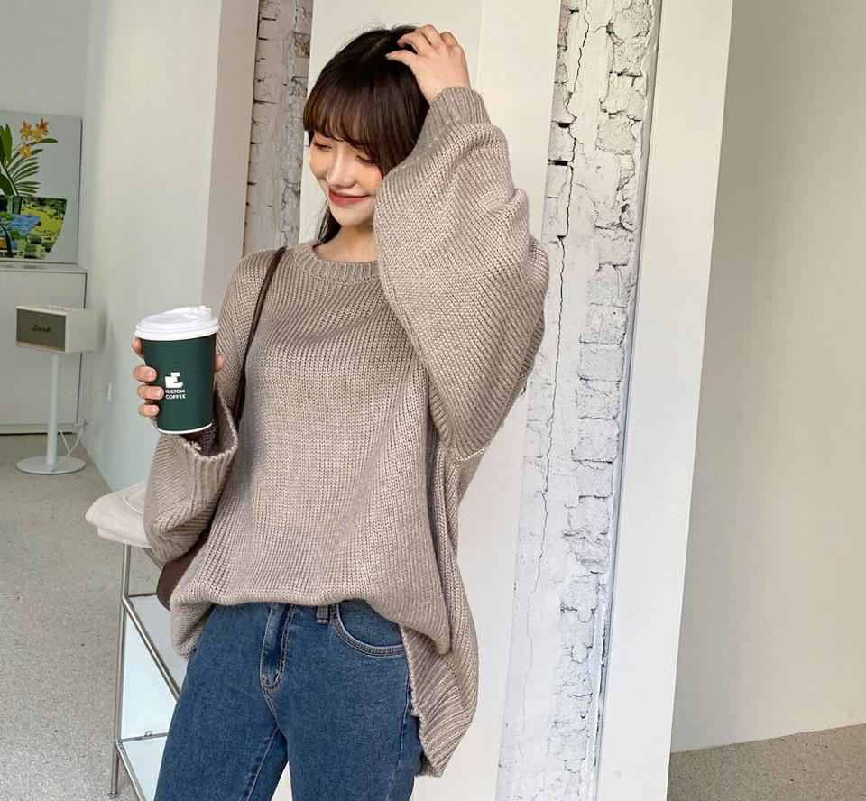 ラウンドルーズフィットニット・全4色・t01816 レディース 【tops】韓国ファッション トップス ニット 長袖 ラウンドネック ルーズ カラーニット ロング丈 パステル くすみ フェミニン 無地 シンプル デイリー 体型カバー 秋 冬 NIJU