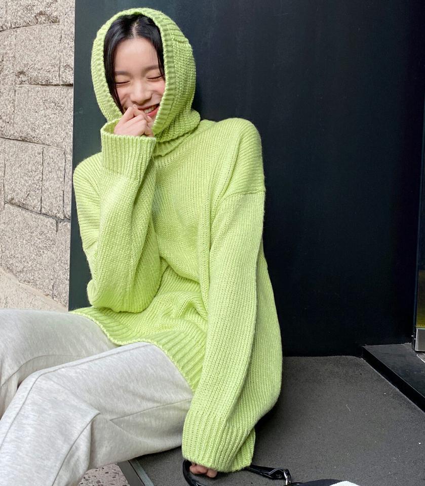 フードウォーマー付ラウンドルーズフィットニット・全4色・t01817 レディース 【tops】韓国ファッション トップス ニット フードウォーマー セット 長袖 ラウンドネック ルーズ ロング丈 フェミニン 無地 シンプル 体型カバー 秋 冬 NIJU