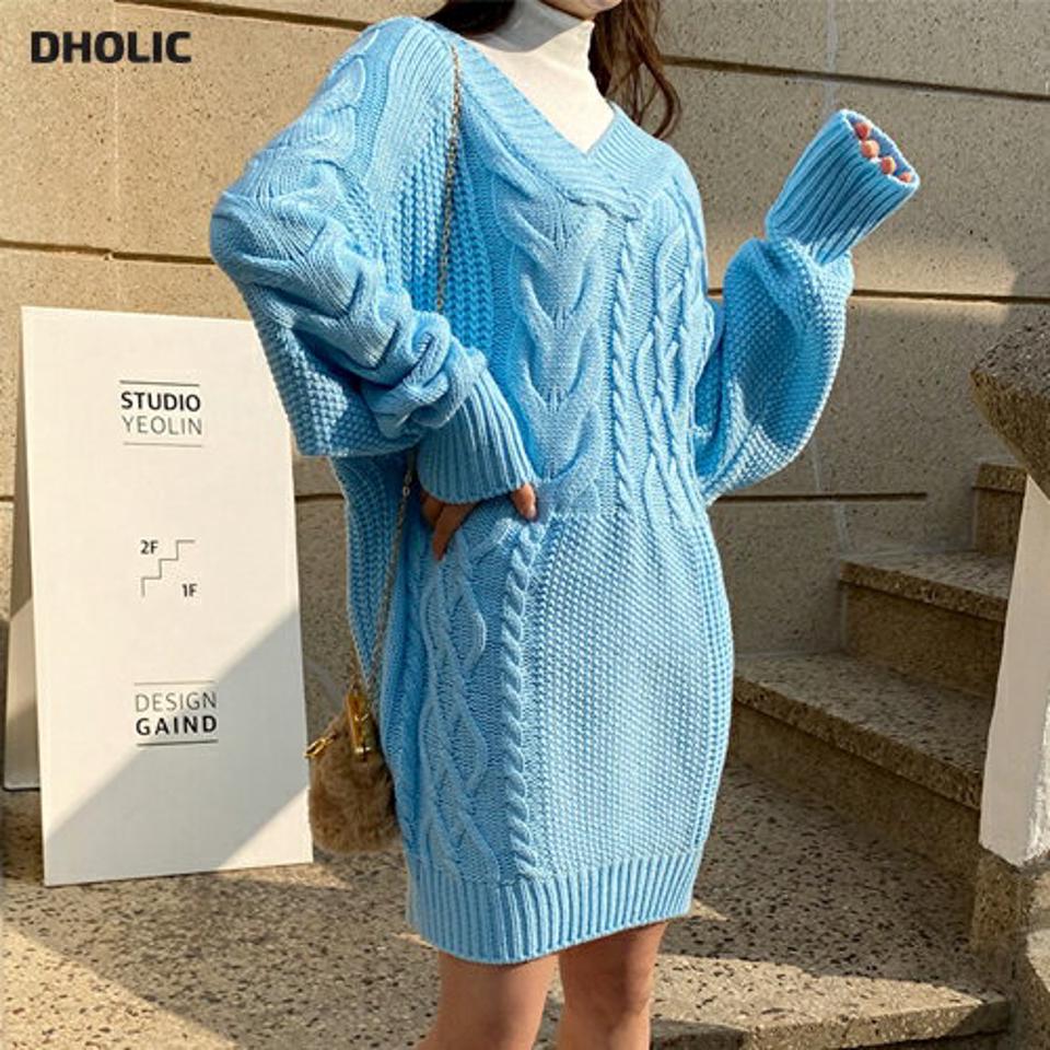 ケーブルニットミニワンピース・全4色・t01834 レディース 【ops】韓国ファッション ワンピース ミニ ミニワンピース 長袖 Vネック ケーブル編み アンバランス ニットワンピース スリム ミニ丈 シンプル 体型カバー カジュアル 秋 冬 NIJU