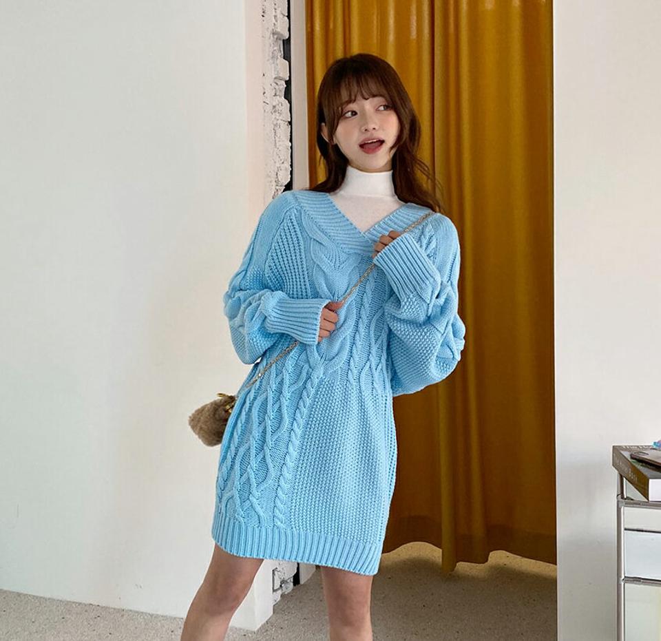 ケーブルニットミニワンピース・全4色・t01834 レディース 【ops】韓国ファッション ワンピース ミニ ミニワンピース 長袖 Vネック ケーブル編み アンバランス ニットワンピース スリム ミニ丈 シンプル 体型カバー カジュアル 秋 冬 NIJU