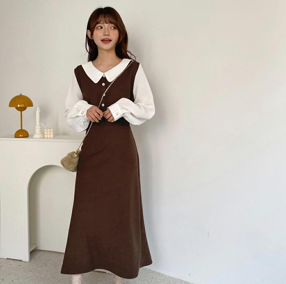 パール調ボタン配色ワンピース・全2色・t01820 レディース 【ops】韓国ファッション ワンピース ロングワンピース 長袖 カラーネック パール調 ボタン 配色 リボン ロング丈 シンプル 体型カバー カジュアル 秋 冬 NIJU