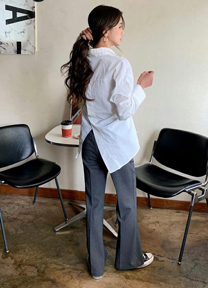 2WAYバックスリットシャツ・全3色・b66056 レディース 【bl】韓国ファッション トップス シャツ 長袖 カラーネック バックスリット カフス ボタン 無地 シンプル カジュアル フェミニン ルーズ 体型カバー ガーリー 秋 冬