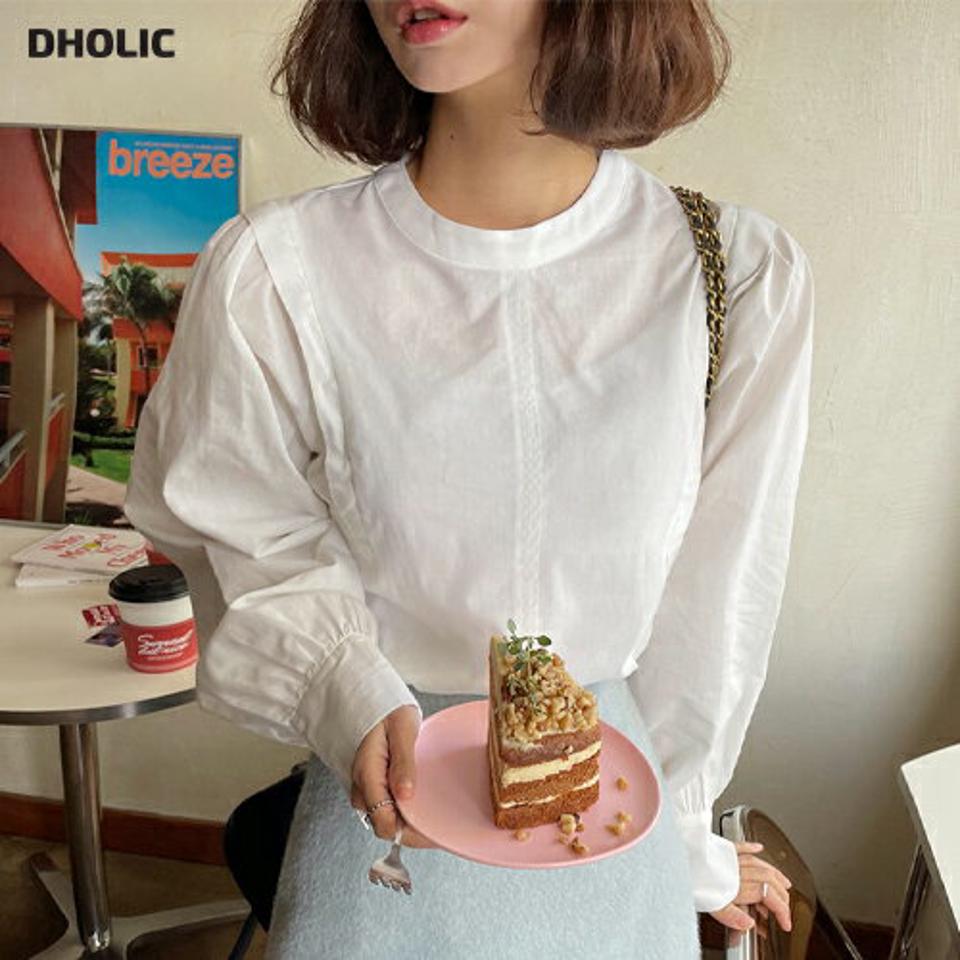 パステルパフブラウス・全4色・t66057 レディース 【bl】韓国ファッション トップス ブラウス 長袖 バンドカラー パステル パフスリーブ ギャザー カフス ボタン 無地 ベーシック シンプル 大人 体型カバー カジュアル フェミニン 秋 冬