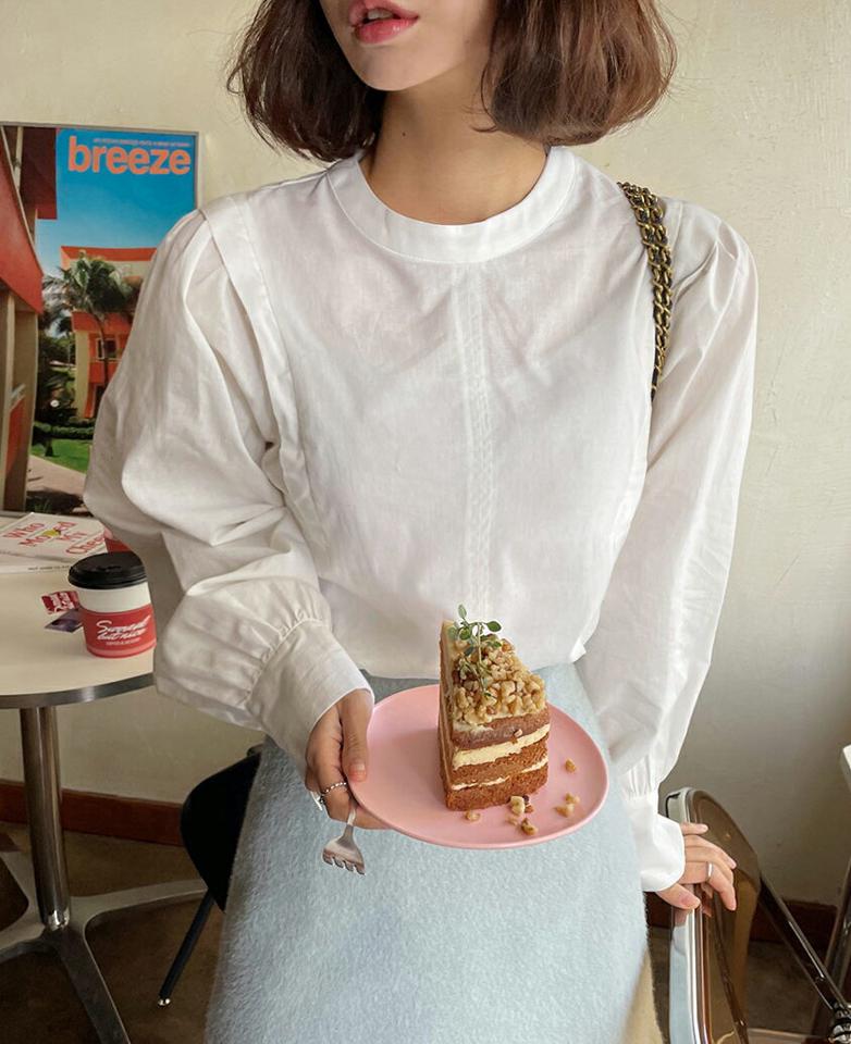 パステルパフブラウス・全4色・t66057 レディース 【bl】韓国ファッション トップス ブラウス 長袖 バンドカラー パステル パフスリーブ ギャザー カフス ボタン 無地 ベーシック シンプル 大人 体型カバー カジュアル フェミニン 秋 冬