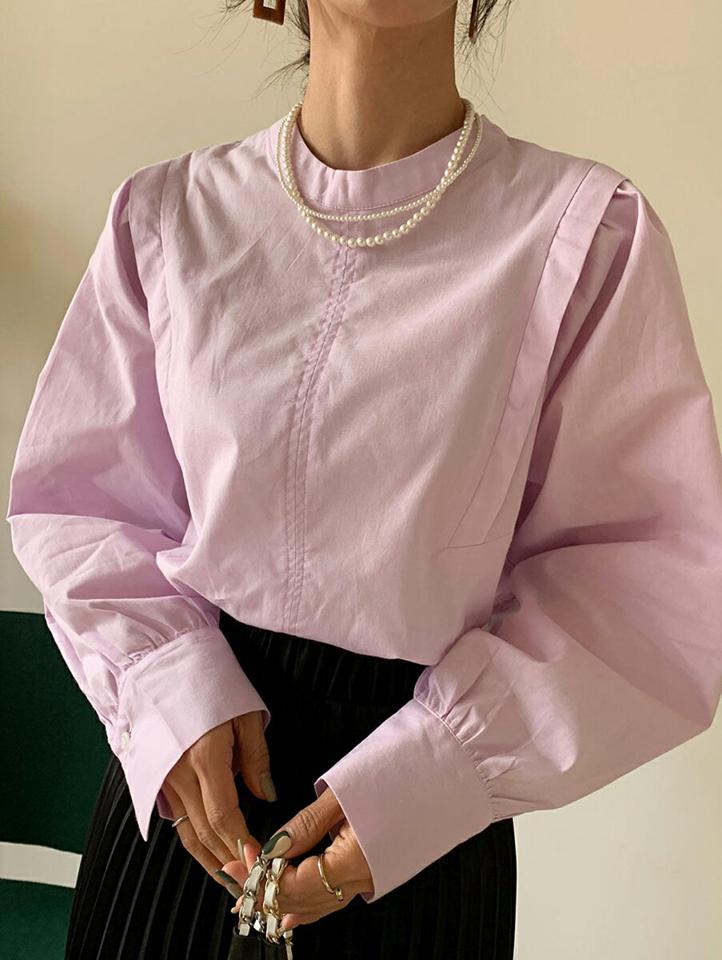 パステルパフブラウス・全4色・t66057 レディース 【bl】韓国ファッション トップス ブラウス 長袖 バンドカラー パステル パフスリーブ ギャザー カフス ボタン 無地 ベーシック シンプル 大人 体型カバー カジュアル フェミニン 秋 冬