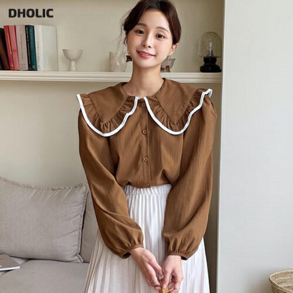 フリルビッグカラーリンクルブラウス・全2色・t66059 レディース 【bl】韓国ファッション トップス ブラウス 長袖 カラーネック フリル 襟コン ビッグカラー リンクル メリハリ ボタン 無地 シンプル 大人 体型カバー カジュアル フェミニン 秋 冬