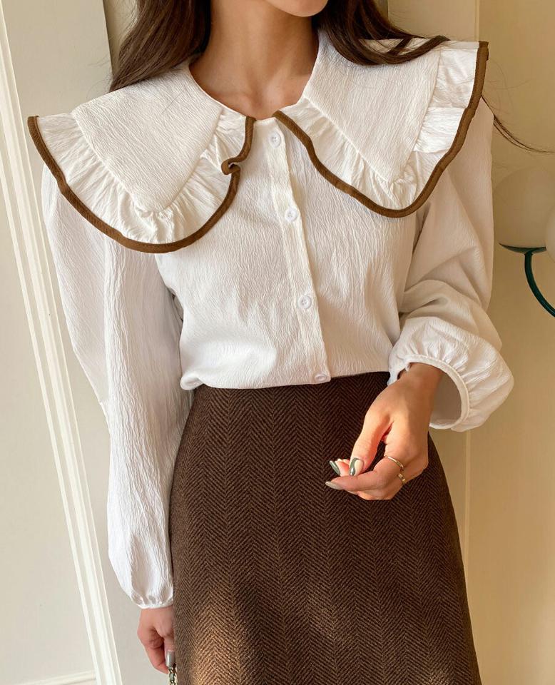 フリルビッグカラーリンクルブラウス・全2色・t66059 レディース 【bl】韓国ファッション トップス ブラウス 長袖 カラーネック フリル 襟コン ビッグカラー リンクル メリハリ ボタン 無地 シンプル 大人 体型カバー カジュアル フェミニン 秋 冬