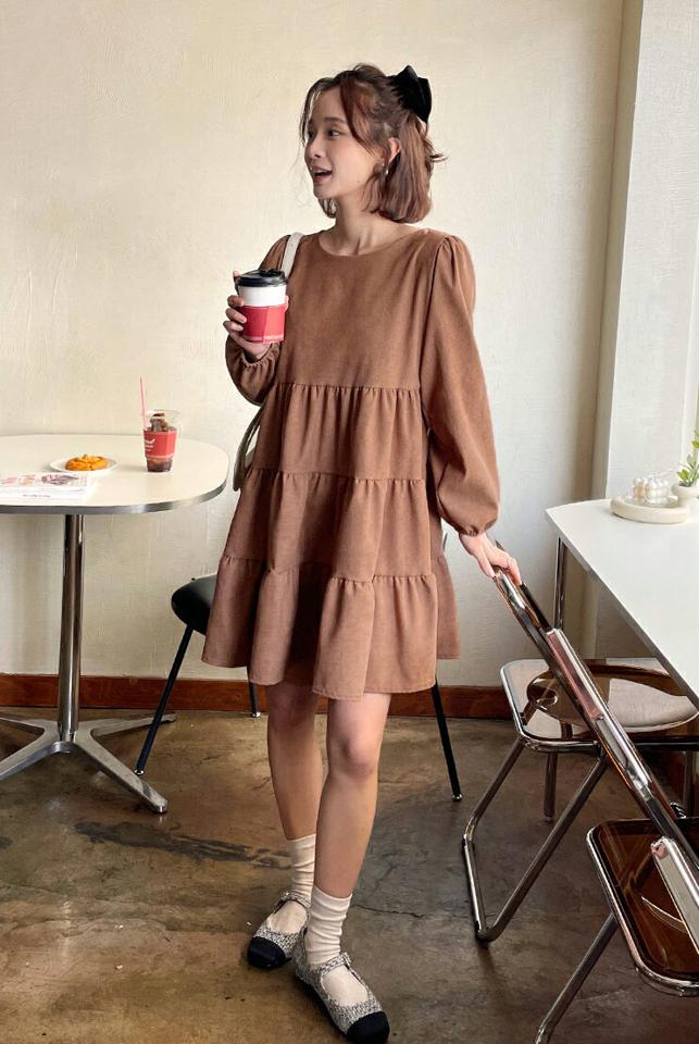【10%OFF】コーデュロイティアードワンピース・全4色・t66116 レディース 【ops】韓国ファッション ワンピース ミニ ミニワンピース 長袖 ラウンドネック コーデュロイ ティアード ミニ丈 Aライン 無地 シンプル 体型カバー フェミニン カジュアル 秋 冬【opsセール】