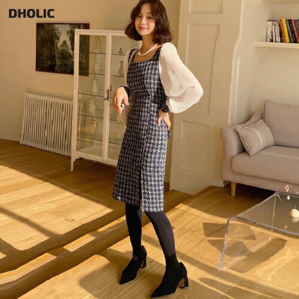 【10%OFF】配色ツイードスリムワンピース・全2色・t66115 レディース 【ops】韓国ファッション ワンピース ミディ ミディワンピース 長袖 スクエアネック 配色 ツイード スリット スリム 大人 ミディグ丈 シンプル 体型カバー フェミニン カジュアル 秋 冬【tweedセール】