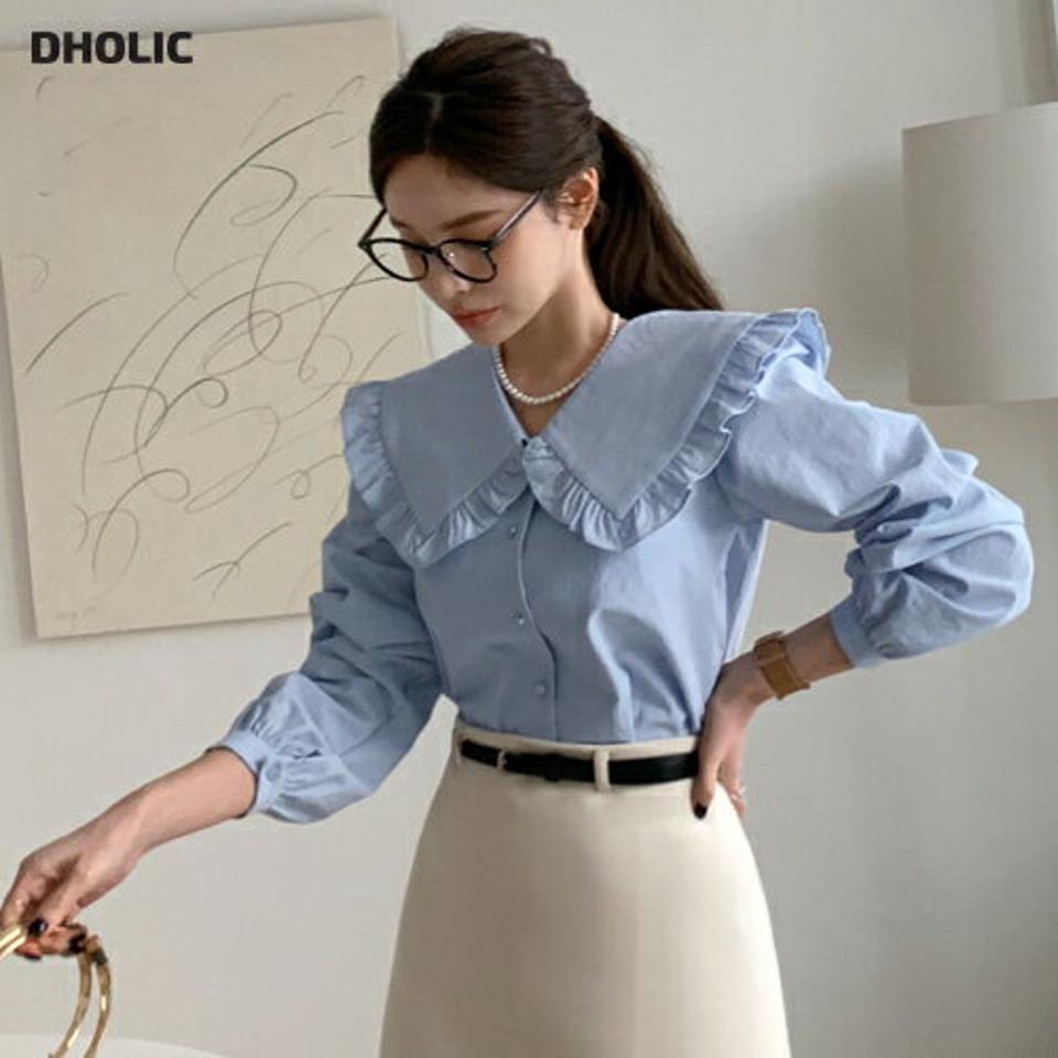 フリルビッグカラーブラウス・全3色・t64529 レディース 【bl】トップス ブラウス 長袖 襟コンシャス ガーリー 大人 フリル かわいい 可愛い シンプル 単色 秋 冬 春 韓国ファッション ハイホリHIHOLLI