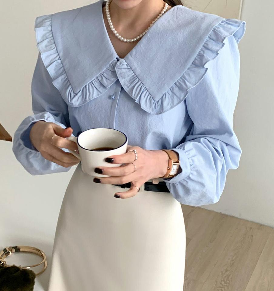 フリルビッグカラーブラウス・全3色・t64529 レディース 【bl】トップス ブラウス 長袖 襟コンシャス ガーリー 大人 フリル かわいい 可愛い シンプル 単色 秋 冬 春 韓国ファッション ハイホリHIHOLLI