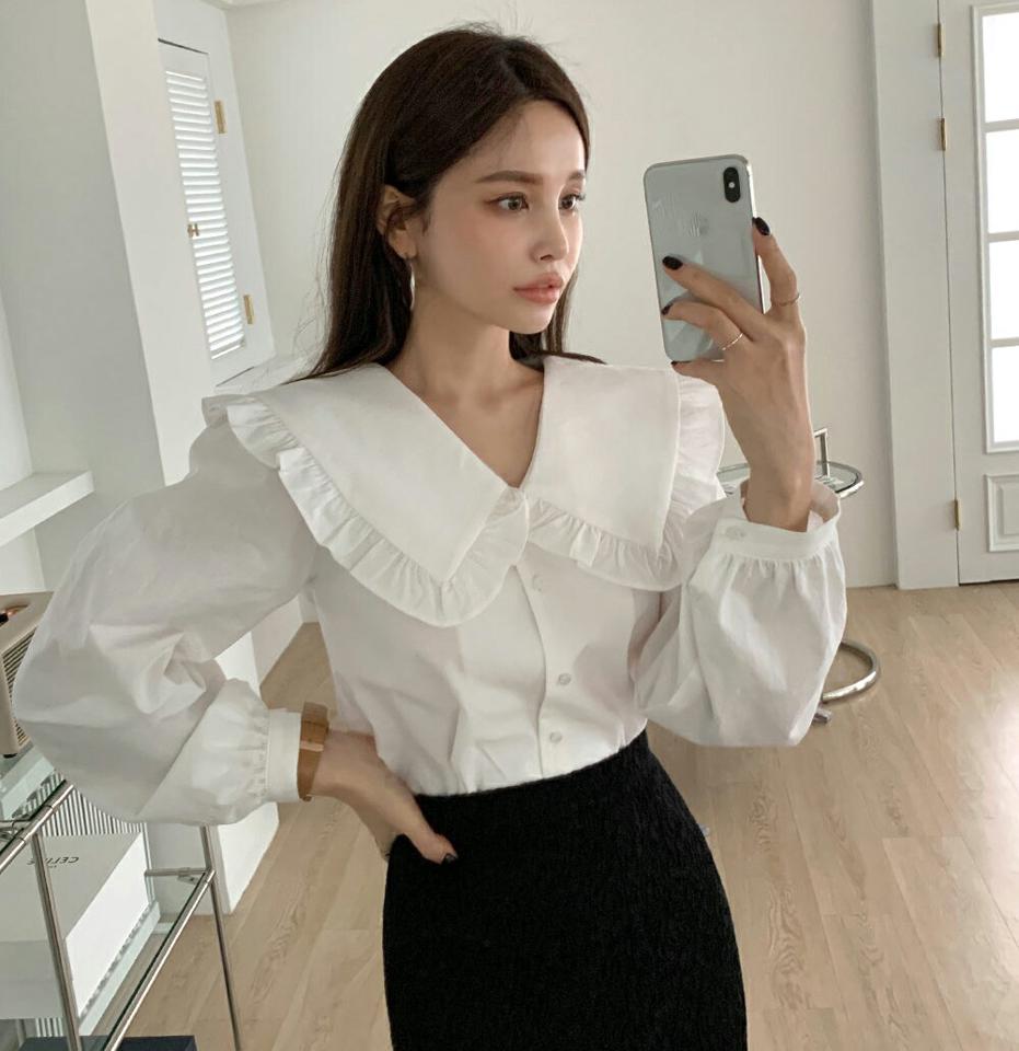 フリルビッグカラーブラウス・全3色・t64529 レディース 【bl】トップス ブラウス 長袖 襟コンシャス ガーリー 大人 フリル かわいい 可愛い シンプル 単色 秋 冬 春 韓国ファッション ハイホリHIHOLLI