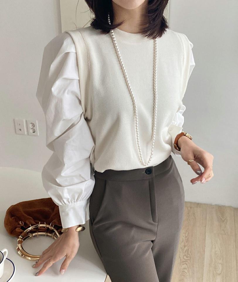 シャツスリーブTシャツ・全2色・t64528 レディース 【tops】トップス Tシャツ 長袖 レイヤード風 シンプル 大人 かわいい 可愛い 異素材 パフ袖 パフスリーブ ハーフネック 秋 冬 春 韓国ファッション ハイホリHIHOLLI